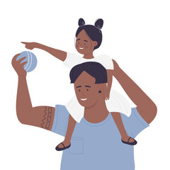 Happy father holding his daughter on neck. Warm family time together vector illustration