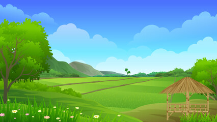 Obraz premium Paddy rice fields with Bamboo Gazebo and Beautiful nature rural landscape