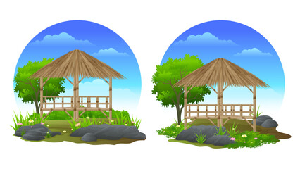 Bamboo Gazebo with Beautiful yard, grass, stone and trees cartoon illustration