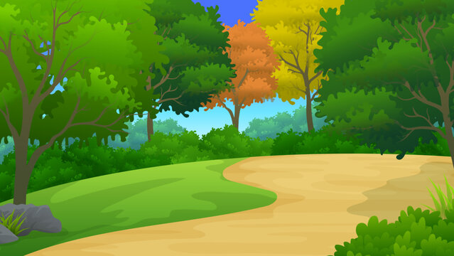 Forest with grass and dirt vacant land cartoon illustration