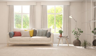 White living room with sofa and summer landscape in window. Scandinavian interior design. 3D illustration