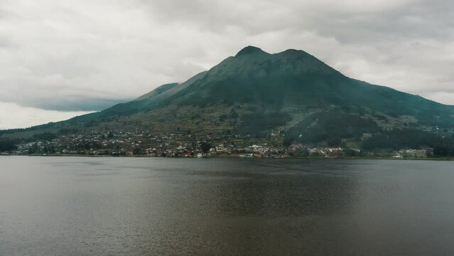 Picturesque View Of San Pablo Lake And Majestic Imbabura Volcano On A Cloudy Day In Otavalo, Ecuador. wide