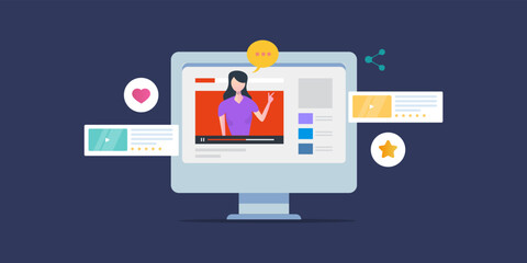 Influencer marketing, female blogger sharing review and opinion on social media video, digital communication concept. 