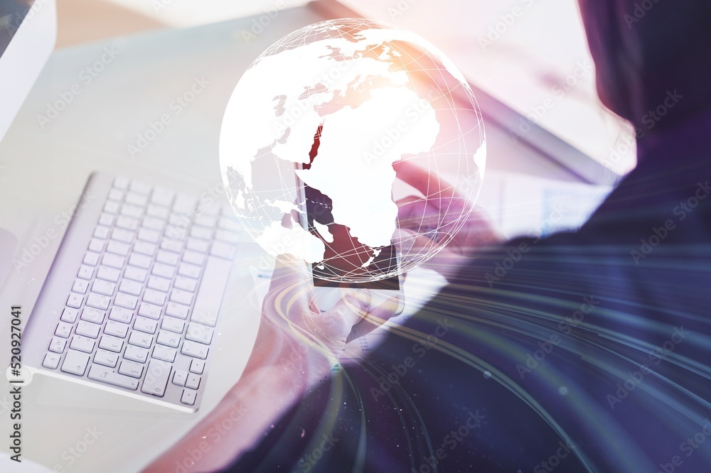 Poster internet network technology, digital software development, future tech background concept. man with 