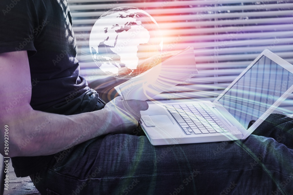 Poster internet network technology, digital software development, future tech background concept. man with 