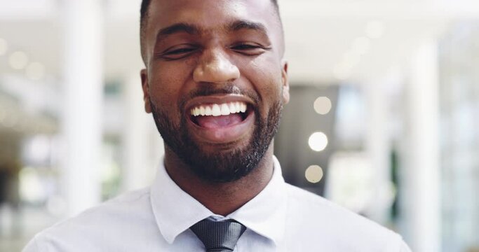 Face Of Laughing, Confident And Excited Corporate Worker Standing In Office. Portrait Of A Young Business Man Happy And Proud After A Promotion. Professional Success, Achievement, Goals Attained