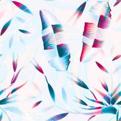 abstract summer background seamless pattern with colorful tropical plants leaves on light. pink blue banana leaves seamless pattern with strelitzia flowers plants and foliage. Floral background. art 