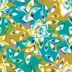 Beach wallpaper seamless pattern with colorful tropical floral plants leaves on abstract wave background. Seamless sketch, tropical flower and leaves summer print. flowers background. nature prints