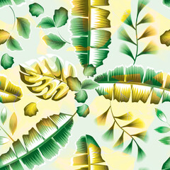 colorful background illustration seamless pattern with tropical banana monstera leaves and plants foliage on abstract texture. cute wallpaper. Exotic tropics. Summer design. geometric background.
