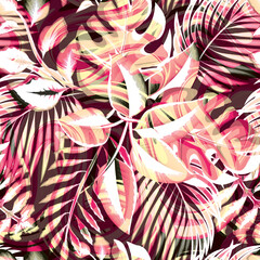 abstract jungle illustration seamless pattern with pink tropical leaves and plants foliage on dark background. Floral background. Exotic tropic. Summer design. nature wallpaper. forest background