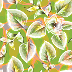 green leaves illustration seamless pattern with tropical plants and foliage on abstract background. nature wallpaper. tropical background. floral pattern. flowers background. interior decor. summer