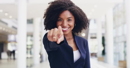 I want you on my team. A happy, pointing and smiling young corporate businesswoman hiring you for a new job position. Portrait of a formal professional female manager choosing you in a modern office. - Powered by Adobe
