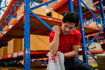 A male employee in a warehouse that has an accident in a large warehouse. First Aid Concepts at...