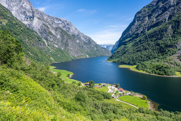 Fototapeta na wymiar View to the famous Naeroyfjord in Norway, a UNESCO World Heritage Site