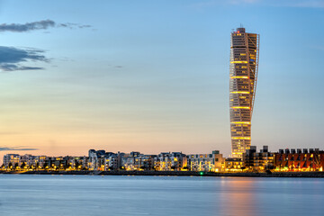 The Turning Torso in in Malmö, Sweden, at dusk
