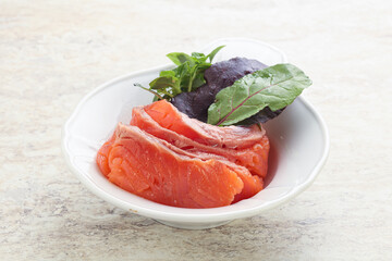 Sliced salmon fillet starter snack