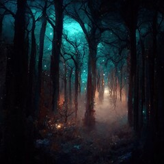 Realistic haunted forest creepy landscape at night. Fantasy Halloween forest background. Digital art.