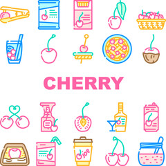 cherry fruit red white berry leaf icons set vector. sour flower, fresh spring branch, blossom sweet food, nature tree, juicy summer ripe cherry fruit red white berry leaf color line illustrations