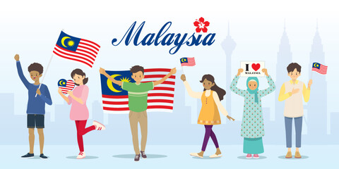 Malaysia citizen holding Malaysia flag with cityscape. Cartoon Malay, Chinese and Indian people celebrate national day. Flat design. Vector illustration. - obrazy, fototapety, plakaty