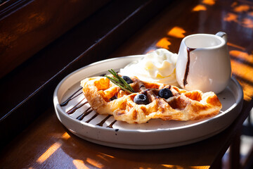 Croissant waffle. Croffle. Dessert menu with croissant by waffle machine.