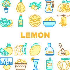 lemon fruit citrus slice fresh icons set vector. leaf, yellow food, lemonade juice, cut half, juicy citron, peel sour tropical leaves lemon fruit citrus slice fresh color line illustrations
