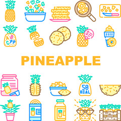 fruit pineapple slice cut food icons set vector. white fresh tropical yellow sweet ananas, leaf, piece summer juicy half ripe dessert fruit pineapple slice cut food color line illustrations