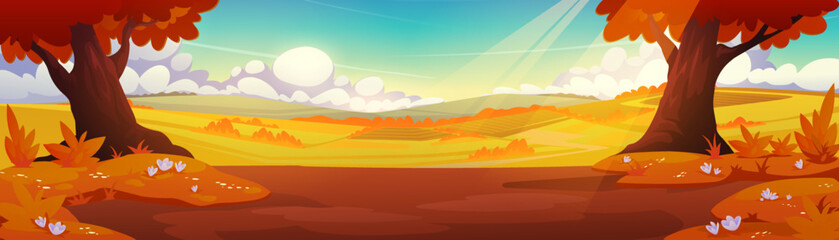 Fototapeta premium Autumn countryside with orange trees, agriculture fields and road. Vector cartoon illustration of rural landscape, country panorama with farmlands, grass and trees in fall