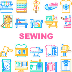 factory sewing sew machine icons set vector. tailor fabricthread, textile fashion, needle industry, needlework, woman seamstress factory sewing sew machine color line illustrations