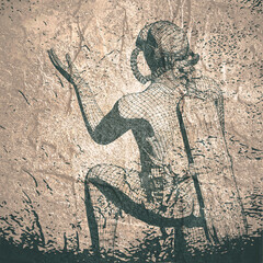 Fototapeta premium Monochrome silhouette of diver in a prayer position. Mesh grid texture