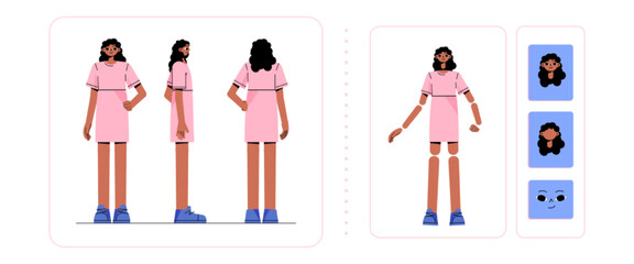 Woman character for animation, side, rear, front view and face emotions. Young girl body constructor. Cartoon female personage with dark skin and black hair wear pink dress, Line art flat vector set