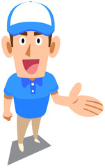 半案内をする半袖のポロシャツを着て帽子をかぶった男性スタッフ
