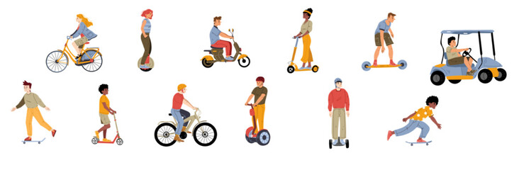 Characters riding electric transport, save ecology concept. People use scooter, hoverboard, monowheel, skateboard, golf cart eco friendly transportation for city dwellers. Line art flat set vector © klyaksun