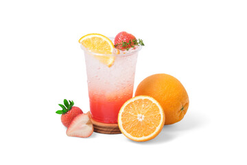 Strawberry and orange soda with Strawberry and orange fruit isolated on white background. coffee shop cafe menu concept.