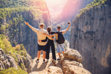 Group friends hiker background mountain Tazi canyon in Manavgat Antalya Turkey. Concept adventure...