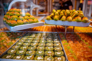 Closeup many kinds pistachio baklava Turkish traditional dessert