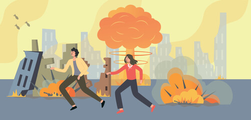 Afraid people run away from a nuclear explosion. City destroyed by war, explosions in the streets, frightened residents running in panic, broken buildings, screaming characters, vector cartoon concept