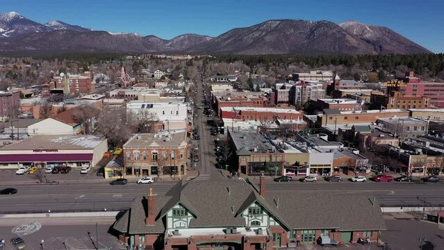 Morning aerial view of the historic downtown district of Flagstaff, Arizona, USA.