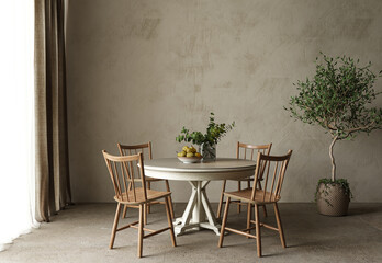 Dining room table. High quality illustration 3d render. Mockup empty wall. Country interior design with scandinavian plants.