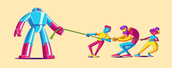Office people team tug of war battle with robot. Contemporary characters tear rope with artificial intelligence robot. Human vs cyborg competition, robotization, Line art cartoon vector illustration - obrazy, fototapety, plakaty