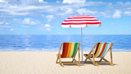 A pair of beach chair or beach loungers on sand at the beach with umbrella. Summer holiday travel vocation concept.