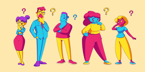 Thoughtful persons with questions, doubtful people think, solve task, choose right decision. Pensive contemporary dumb characters searching solution, develop idea, Line art cartoon vector illustration - obrazy, fototapety, plakaty