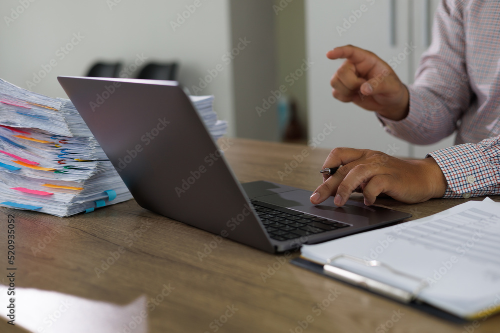 Poster business man work documents checking document paperwork report for analysis document management conc