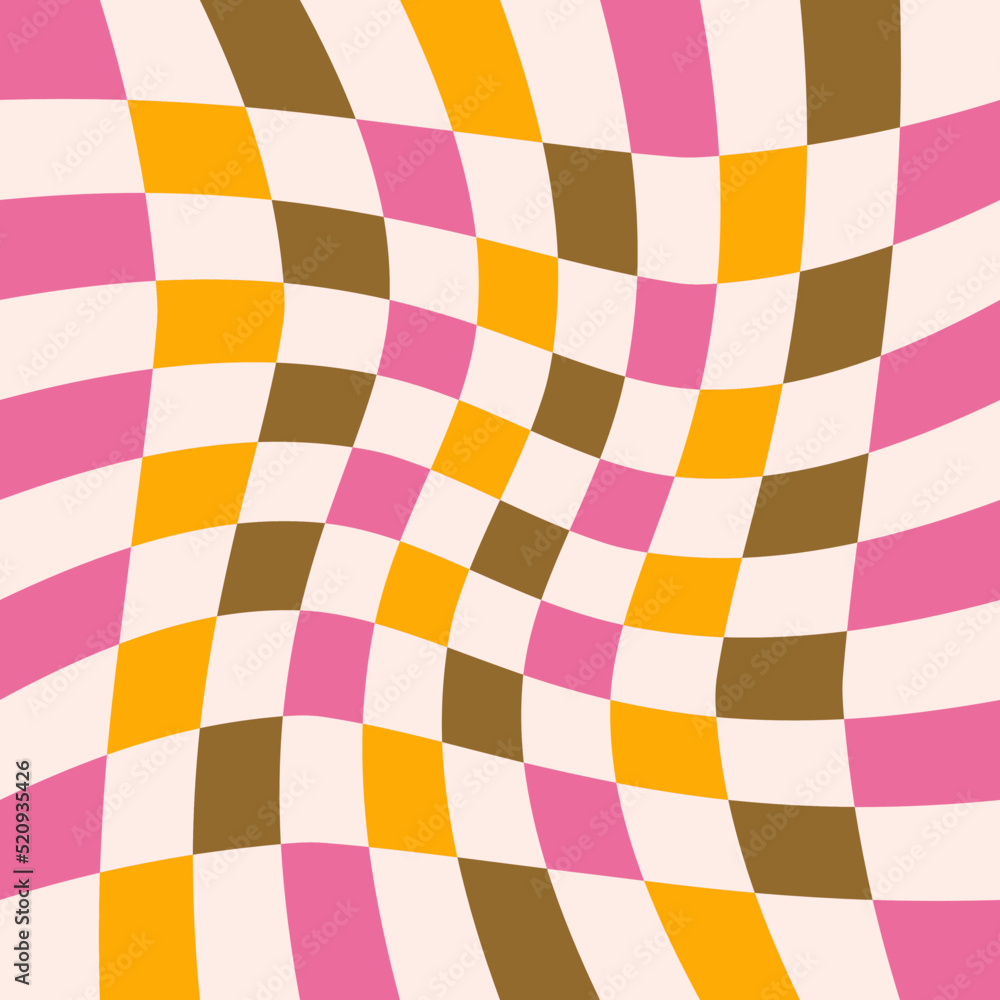 Poster Twisted checkered colorful background. Abstract vector pattern. Retro wavy psychedelic checkerboard
