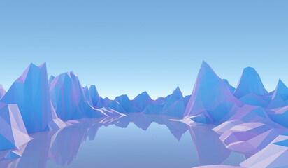Pastel mountains low poly style 3d rendering. 3d blue mountains background. concept 3d blue mountains background