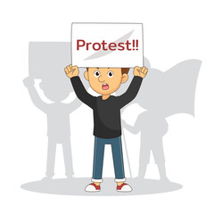 Young Man Marching In Protest Holding Cardboard Banner