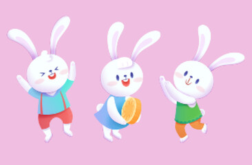 Obraz na płótnie Canvas Standing white rabbits in outfits