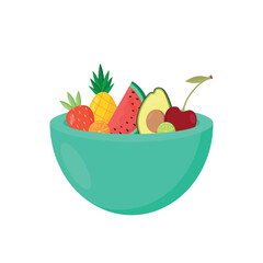 Fruit salad in  a blue bowl isolated on white background. Fresh healthy food. Flat vector illustration