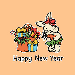 HAPPY NEW YEAR RABBIT Cartoon Sketch Sticker With Congratulating Text Outlines Cute Rabbit Girl Hugs Carrot Holiday Gifts In Boxes And Sweets Christmas Postcard