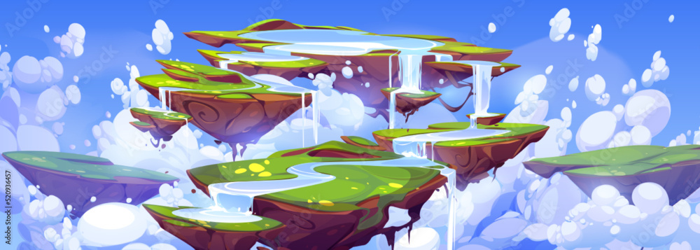 Wall mural game background with fantasy summer landscape with cascade waterfall on floating islands and clouds 