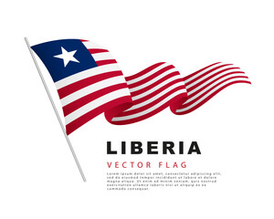 The flag of Liberia hangs on a flagpole and flutters in the wind. Vector illustration isolated on white background. - obrazy, fototapety, plakaty